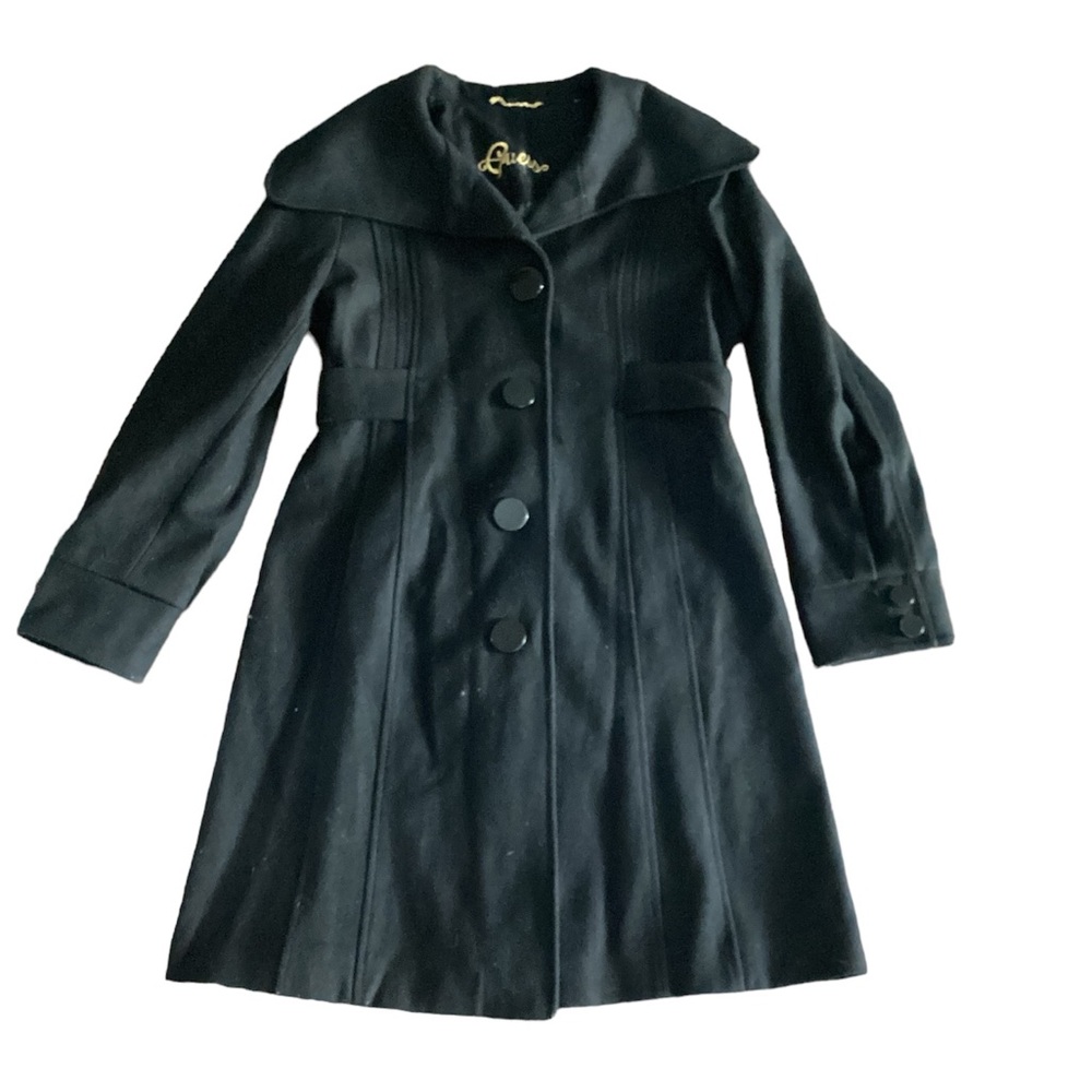 GUESS Womens Wool Pea Coat Black Noir Portrait Collar Belted‎ SZ Medium